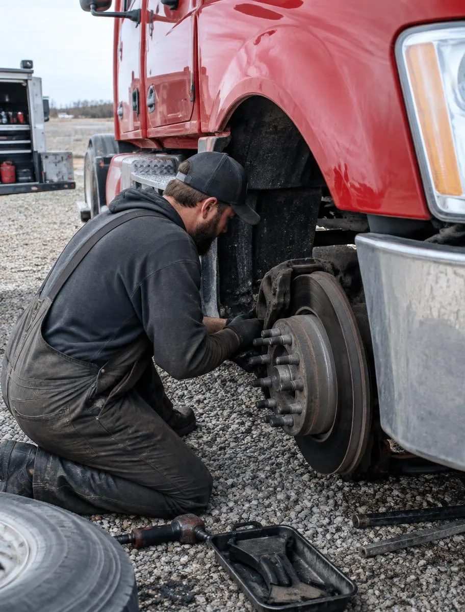 Brake repair on a semi truck front wheel