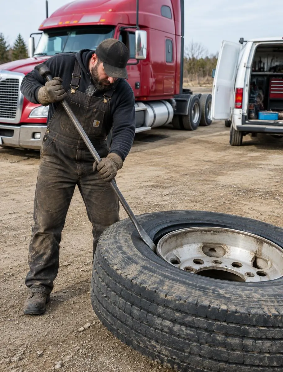 Technician breaking down a commercial tire on site