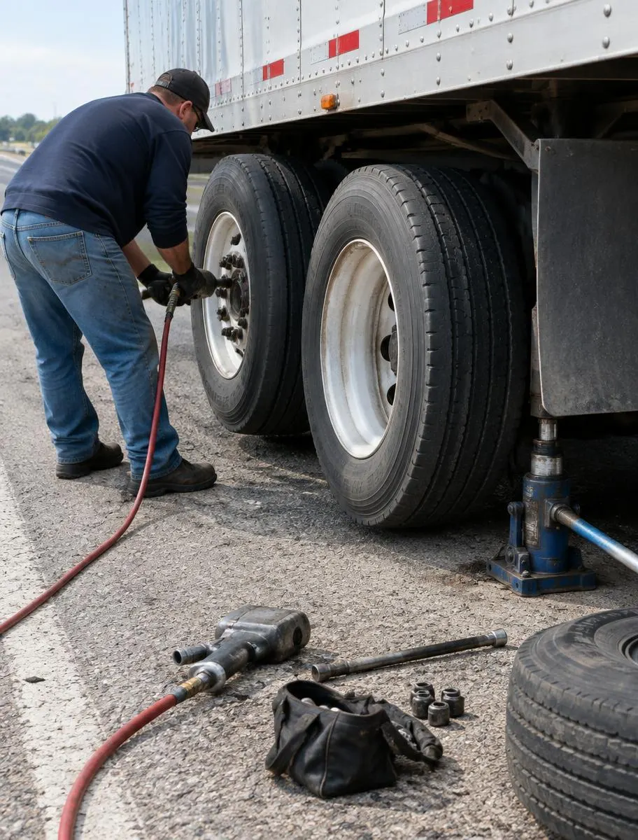 Roadside tire change on trailer duals
