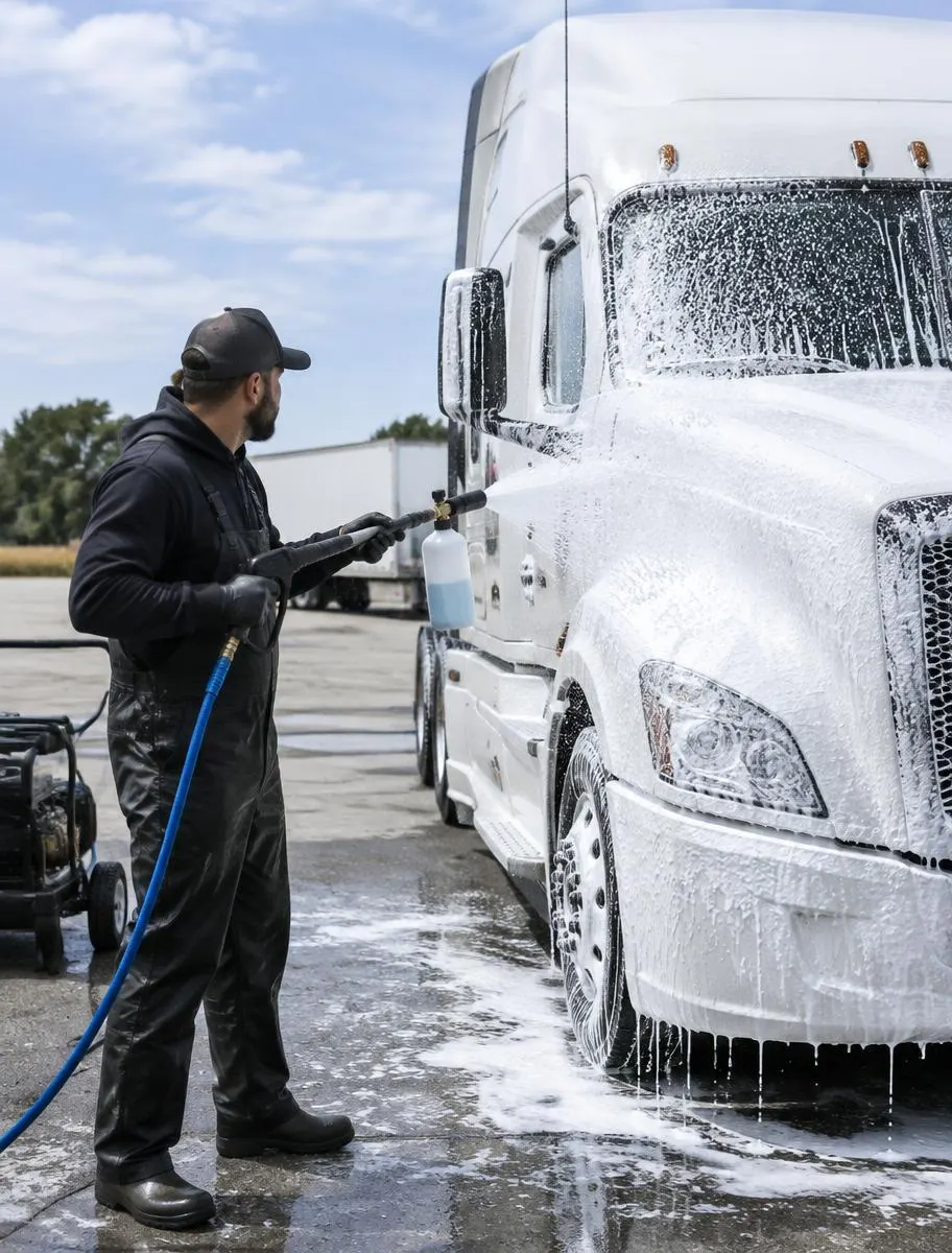 Foam cannon wash on a semi truck cab