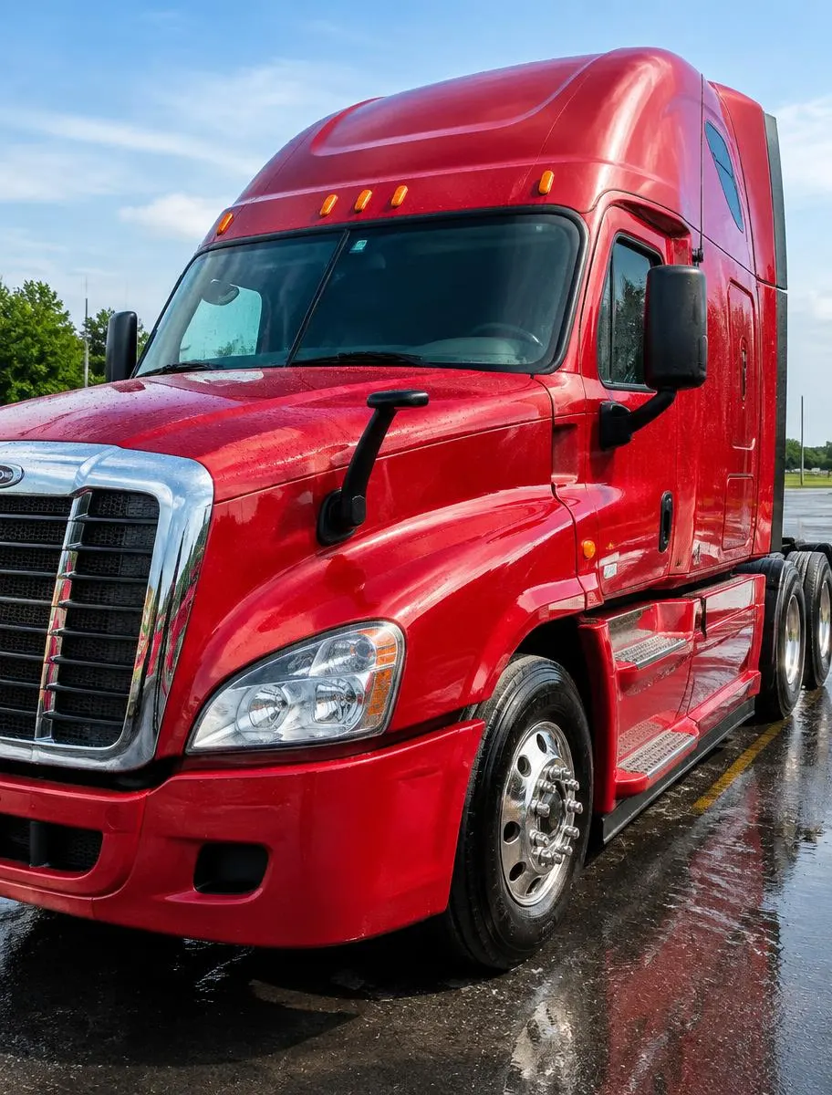 Freshly washed and waxed red semi truck